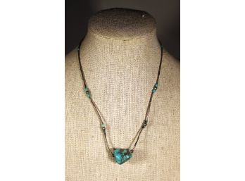 Vintage Southwestern Sterling Silver Beaded Necklace Having Large Turquoise Pendant