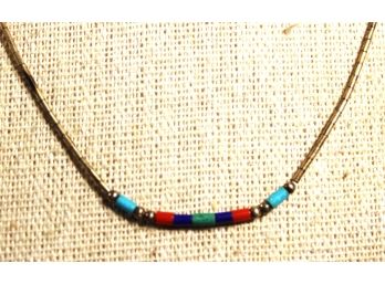 Vintage Sterling Silver Lapis, Turquoise, Coral, Malachite Beaded Southwestern Necklace