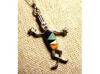 Signed Rock Ritter? Southwestern Sterling Silver Stone Inlay Figural Pendant On Sterling Chain