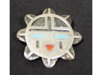 Vintage Sterling Silver Native American Southwestern Face Brooch Turquoise Coral Inlay