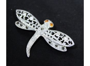 Contemporary Sterling Silver Dragonfly Brooch Having Orange Stone Eyes