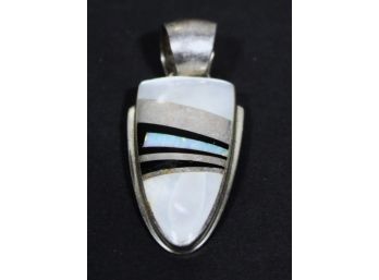 Sterling Silver Inlaid Stone Shell Pendant  Signed