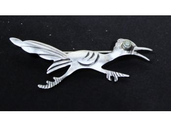 Vintage Southwestern Sterling Silver Roadrunner Bird Brooch Green Turquoise Eye