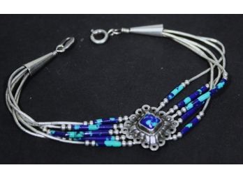 Fine Lapis And Turquoise Sterling Silver Beaded Woven Bracelet 7' Long