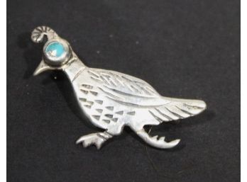 Vintage Southwestern Baby Roadrunner Brooch W Turquoise Eye