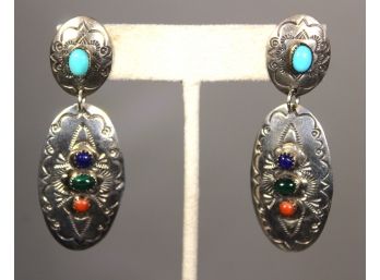 Fine Southwestern Sterling Silver Native American Earrings Turquoise & Coral