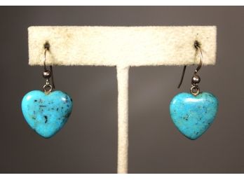 Fine Sterling Silver And Heart Shaped Turquoise Drop Pierced Earrings