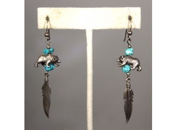 Very Fine Sterling Silver Turquoise Feather And Bear Pierced Earrings Southwestern