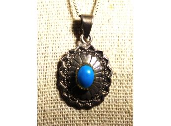 Fine Sterling Silver Signed Southwestern Native American Turquoise Pendant On Sterling Chain