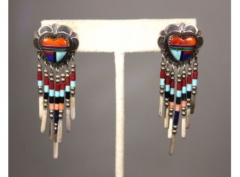 Southwestern Sterling Silver Turquoise Coral Inlay Heart Shaped Signed Pierced Earrings