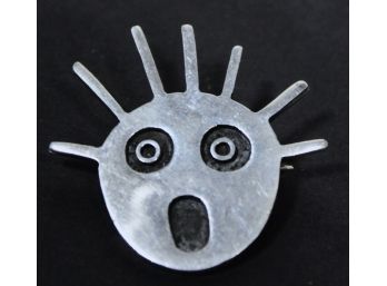 Screaming Face 1980s Heavy Sterling Silver Pin Brooch