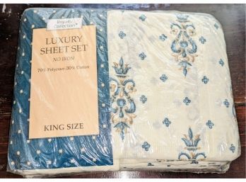 Royalty Collection  King Sheet Set - New In Package - Cream With Blue/Muted Gold Design