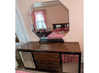 Vintage MCM Lehigh Furniture Black & Brown Mirrored Doors Triple Dresser With Octagonal Mirror