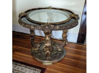 Vintage Ornate Carved Wood And Faux Marble Glass Top Round Side Table