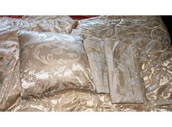 Sateen King Cream & Gold Fringe Trim King Comforter, Pillow & 4 Shams