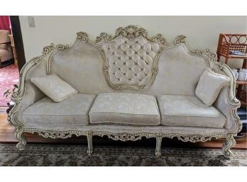 Fabulous Ornate Wood Carved Detailed White Vintage French Provincial 3 Cushion Sofa