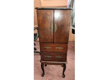 Cherry Queen Anne Highboy Style Jewelry Cabinet With Green Velvet Lining And Brass Hardware