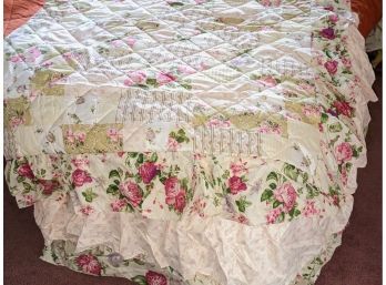 King Size Bedspread With Ruffled Trim With A Quilted Cabbage Rose Design