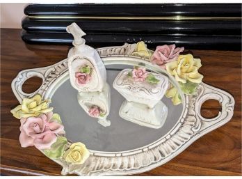 Vintage Capodimonte 3 Piece Mirror Vanity Set With Beautiful Rose Accents - Stamped On Bottom