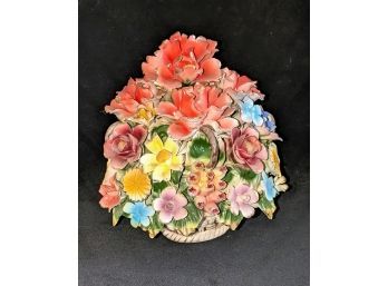 Capodimonte Large Floral Bouquet In Weaved Basket Porcelain Statue - Marked