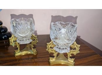 Pair Of Brass & Cut Crystal Glass Votive Holders