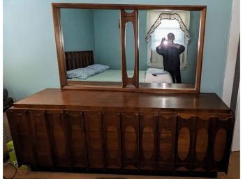 MCM Brutalist Triple Dresser With Mounted Mirror By Tobago