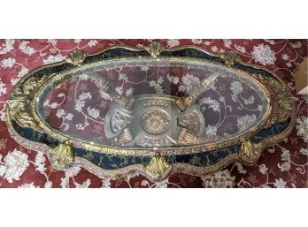 Vintage Ornate Carved Wood And Faux Marble Glass Top Oval Coffee Table
