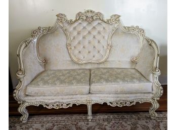 Beautiful Ornate Wood Carved Detailed White Vintage French Provincial 2 Cushion Loveseat
