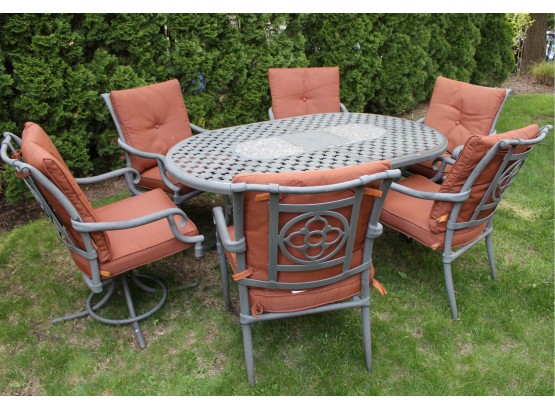 Cast Aluminum Oval Patio Table + Six Chairs With Cushions
