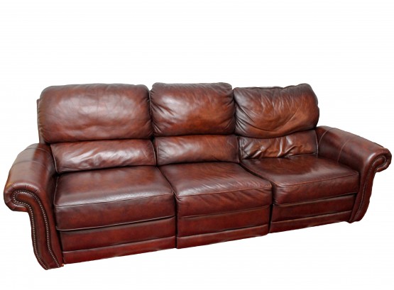 Raymour & Flanigan Reclining Three Cushion Leather Sofa With Nailhead Trim