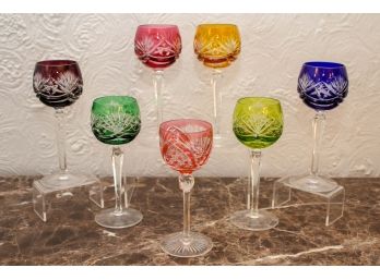 Seven Bohemian Cut To Clear Crystal Wine Glasses