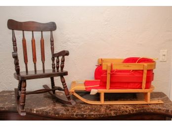 Eddie Bauer Toboggan-Sled + Vintage Wooden Rocking Chair
