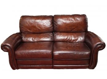 Raymour & Flanigan Reclining Leather Two Cushion Loveseat With Nailhead Trim