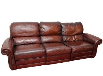 Raymour & Flanigan Reclining Three Cushion Leather Sofa With Nailhead Trim