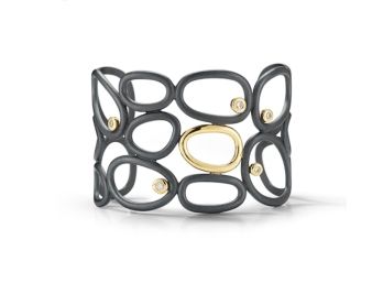 Designer Sribble Shadow Sterling Silver 18K Yellow Gold Diamond Cuff Bracelet