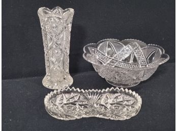 Trio Of Antique Vintage Vut Glass Small Vase, Bowl & Small Hour Glass Shaped Dish