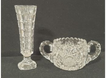 Small Crystal Bud Vase & Cut Crystal Double Handled Open Sugar Bowl