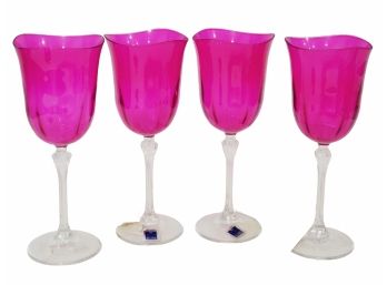 Four Never Used Le Stelle Cristal Design Hot Pink & Clear Glass Goblet Wine Glasses - Made In Italy