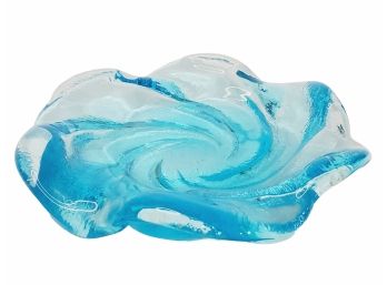 Vintage Fenton Bright Blue Swirl Ashtray Candy /Trinket Dish Heavy Art Glass