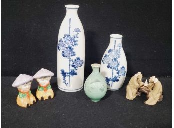 Chinese Porcelain & Clay Decorative Items-Mudmen Figurine, Bud Vases, Salt & Pepper Shakers