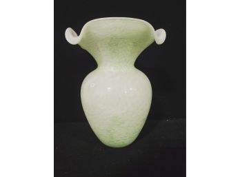 Pale Green & White Art Glass Ruffled Rim Flower Vase