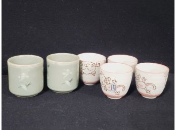 Good Luck On Wealth Cats Set Of 4 Tea Cups & Two Green Crane & Clouds Decorated Tea Cups