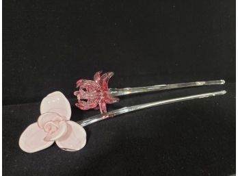 Two 20' Blown Glass Flower Stems - Light Pink & Dark Pink