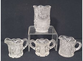 Assorted Vintage Cut Glass Tableware - Sugar Bowl, Creamer Pitchers & Celery Jar