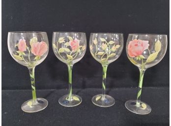 Set Of Four Hand Painted Garden Rose Wine Goblets By Block Basics