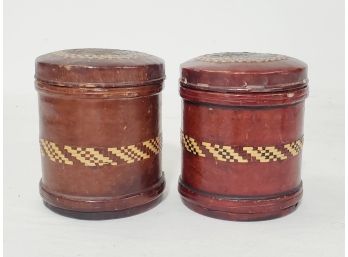 Two Vintage Leather Wrapped With Woven Accents Lidded Waverly Cigarette Tins