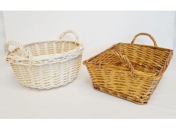 Two Woven Wicker Baskets With Handles