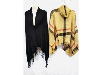 Women's Black Fringe Shawl & Tan Plaid Print Poncho OS