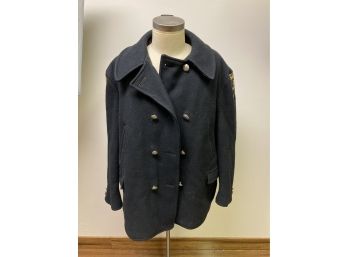 Vintage Nelco Wool Pea Coat With Fire Department Patch And BUTTONS Quilted Lining
