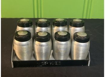 Vintage 1950s Aluminum Spice Rack Set Of 8 Shakers With Canister Set By Kormex